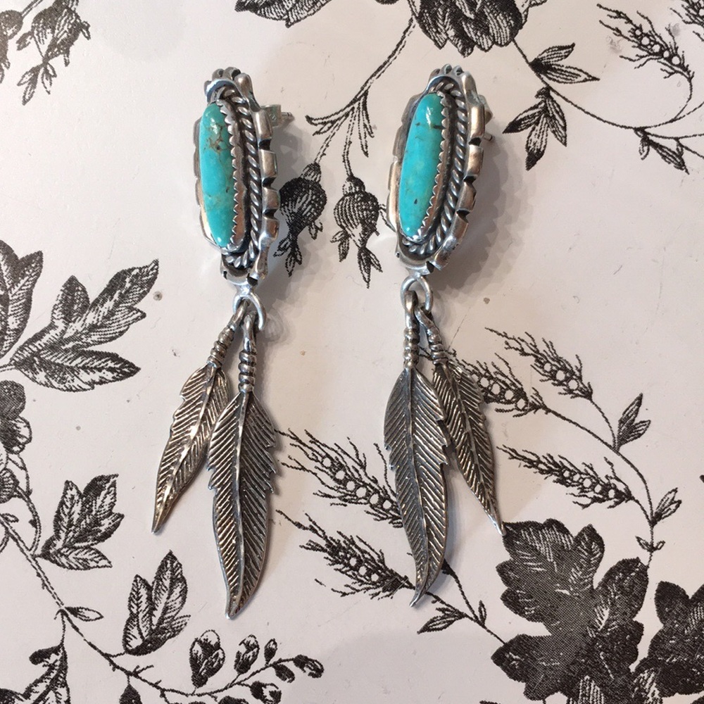 Sterling silver turquoise vintage feather earrings
